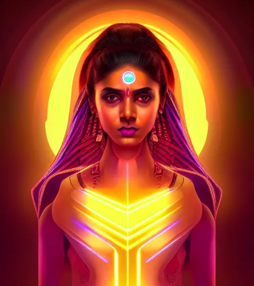 Image similar to symmetry!! indian princess of technology, solid cube of light, hard edges, product render retro - futuristic poster scifi, lasers and neon circuits, brown skin gorgeous indian princess, intricate, elegant, highly detailed, digital painting, artstation, concept art, smooth, sharp focus, illustration, dreamlike, art by artgerm