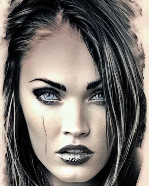 Image similar to realism tattoo design sketch of megan fox face blended with beautiful mountain scenery, in the style of dan mountford, double exposure photography, hyper realistic, amazing detail, black and white