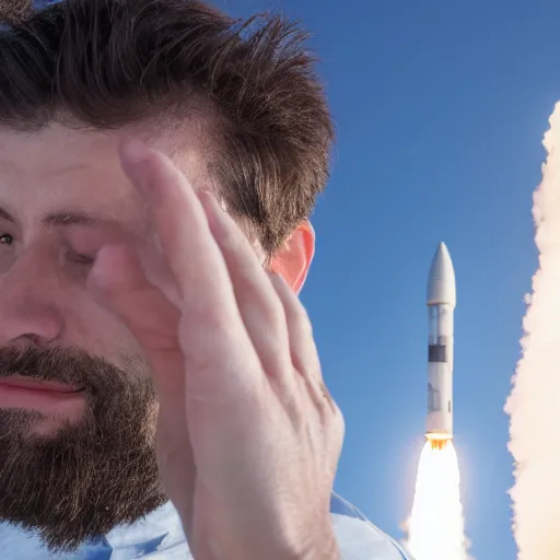 Image similar to a portrait of a man who is covering his ears from a loud rocket launch behind him, 4 k, photography