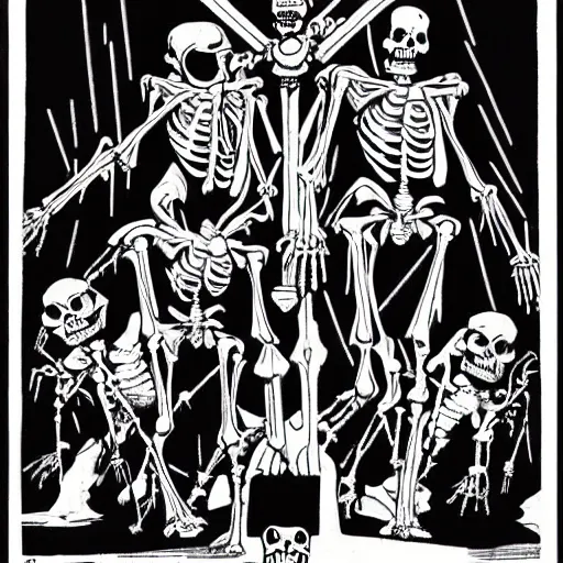 Prompt: Two evil skeleton, staggering back at the sight of a neon crucifix. The skeletons are on both sides of the cross. Dark Fantasy, Film Noir, Black and White. High Contrast, Mike Mignola, D&D, OSR