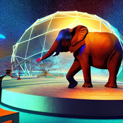 Image similar to a hyperrealistic 3D octane render of an elephant wearing virtual reality goggles playing a synthesizer inside of a geodesic dome planetarium with planets and galaxies, trending on artstation, 8k, 4K, dramatic lighting, glowing, volumetric lighting, ray tracing, unreal engine