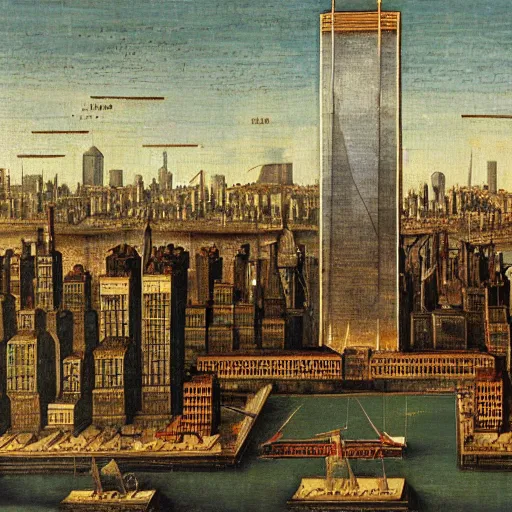 Prompt: world trade centre, 9/11 911 by dragons, medieval painting, 1500