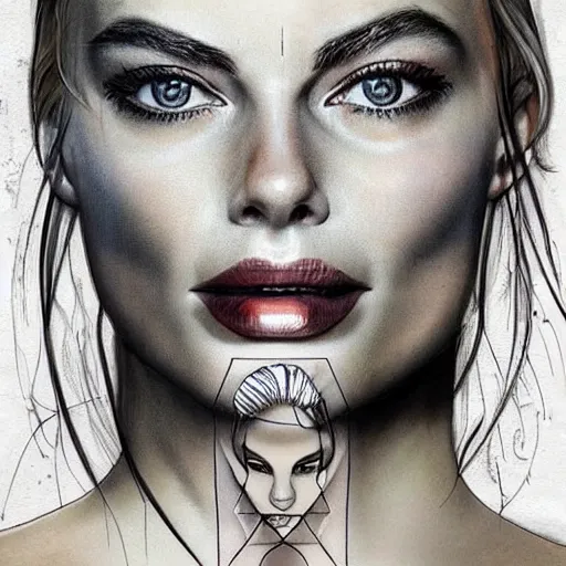 Image similar to face morph tattoo design sketch of margot robbie blended with beautiful mountain scenery, in the style of chris mataafa, amazing detail