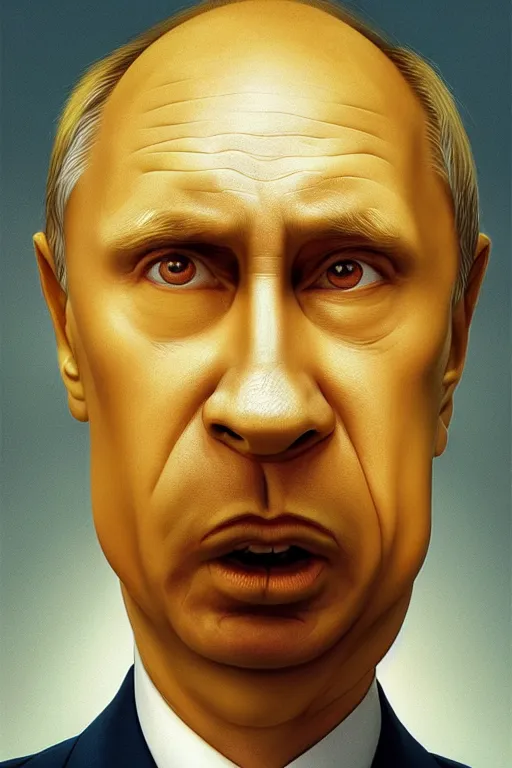 Image similar to vladimir putin as a yellow funny homer simpson, realistic portrait, symmetrical, highly detailed, digital painting, artstation, concept art, smooth, sharp focus, illustration, cinematic lighting, art by artgerm and greg rutkowski and alphonse mucha