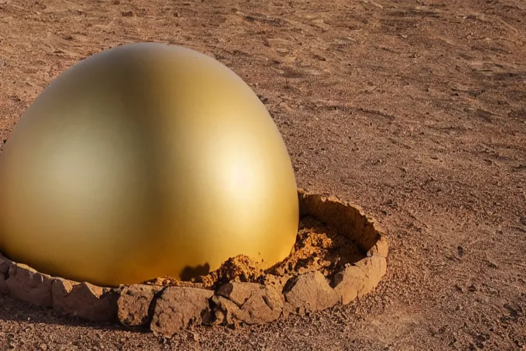 Prompt: Desert in an egg with concrete walls and golden domes, high quality