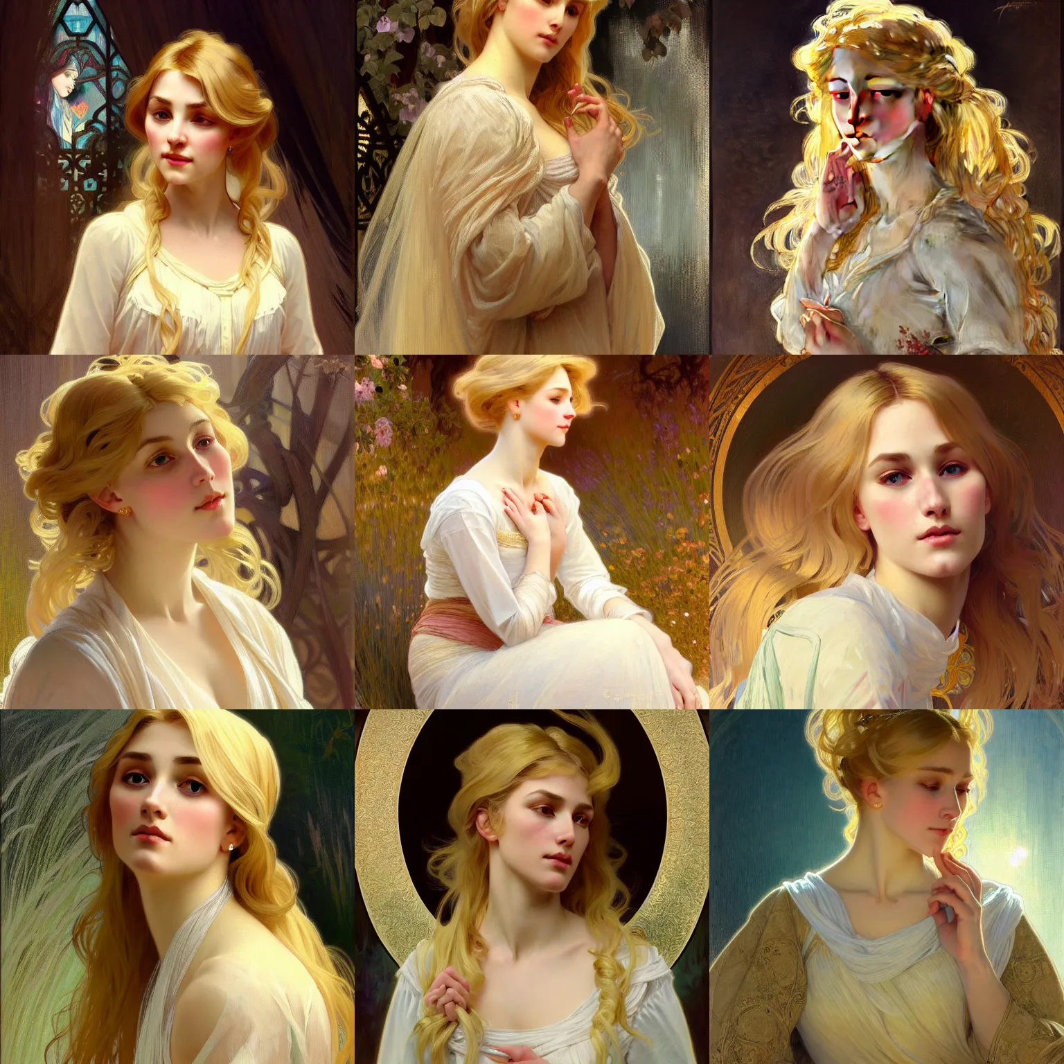 Image similar to painted portrait of a modest wife blessed by god with ever - increasing intelligence beauty and virtue. blonde, clothed holy body, light effect. feminine, powerful, in clothes! intricate, elegant, highly detailed, digital painting, artstation, concept art, smooth, sharp focus, illustration, art by gaston bussiere and alphonse mucha