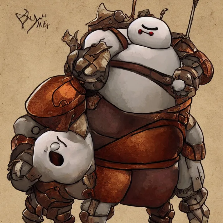 Prompt: a medieval fantasy baymax made out of wood and copper, digital art, trending on artstation