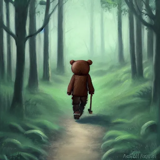 Prompt: a painting teddy bear walking in an ashy forest in the style of Andreas Rocha