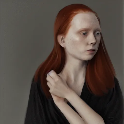 Prompt: studio portrait, a short pale ginger girl with freckles, ginger hair is middle parted, scowling, wearing a black robe, trending on art station, by wlop