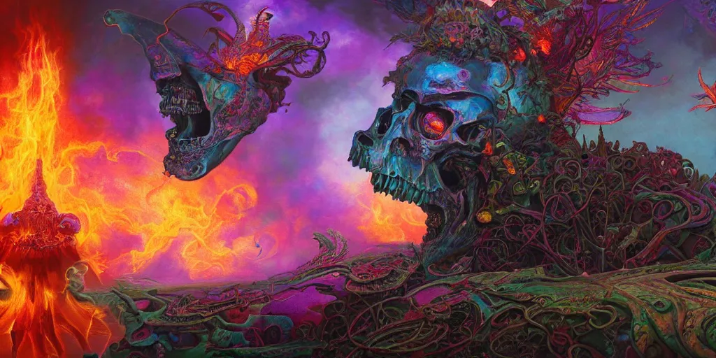 Image similar to gigantic psychedelic demonic cosmic skull of death and fire, outer space, fantasy painting, ultra realistic, dmt, symmetrical, wide angle, art nouveau, intricate details, digital painting, rainbowshift, vivid colors, highly detailed by peter mohrbacher, h. r. giger, maxfield parrish, craig mullins, octane render, cgi