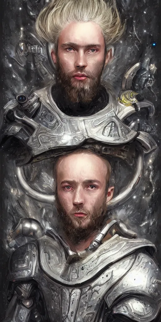 Image similar to of a hyper _ realistic _ proportional _ stylization _ portrait _ of _ a _ techpunkk _ war _ cleric _ in _ a _ futuristic _ pearl _ armor _ full _ of _ astral _ runes _ the _ backgro.