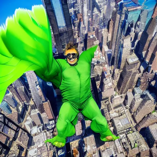 Image similar to Hulk in a wingsuit flying over NYC