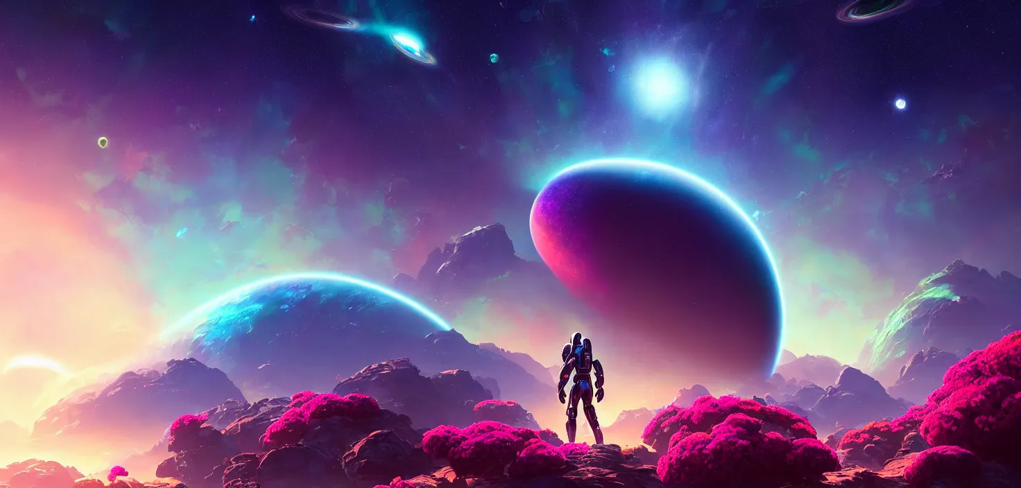 Prompt: exoplanet planet flore sky mass effect andromeda no people krogan nebula aurora wallpaper 3 d pixar disney digital cgi rtx hdr painting bioluminance alena aenami artworks in 4 kby loish beeple, by thomas kinkade 2 2 2 2