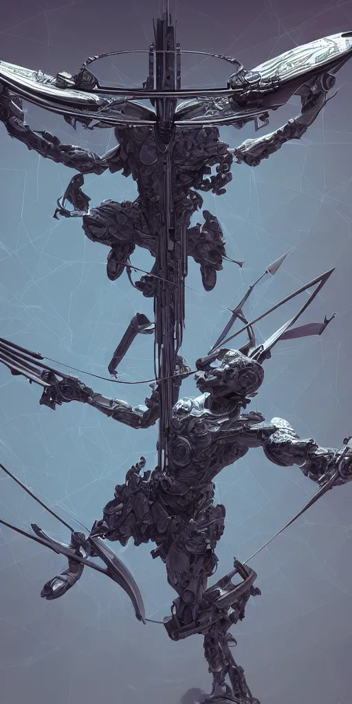 Image similar to a beautiful delicate huge mega bow and arrow weapon, solid background, electron flow, android, mechanical, metal, weapon design, fine texture structure, hyper detailed, perfect shadows, atmospheric lighting, 3 d render, in the style of pascal blanche and sparth juan zigor samaniego, paul pepera pablo roldan, displayed in the exhibition hall, 4 k hd