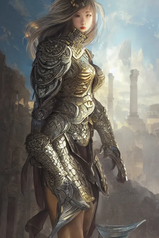 Image similar to portrait knights of Zodiac girl, silver and ice color reflected armor, in ruined Agora of Athens, ssci-fi, fantasy, intricate, very very beautiful, elegant, golden light, highly detailed, digital painting, artstation, concept art, smooth, sharp focus, illustration, art by tian zi and WLOP and alphonse mucha