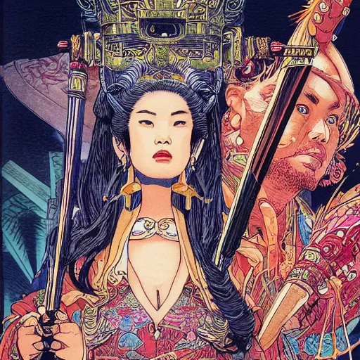 Prompt: portrait of miao yin from big trouble in little china, symmetrical, by yoichi hatakenaka, masamune shirow, josan gonzales and dan mumford, ayami kojima, takato yamamoto, barclay shaw, karol bak, yukito kishiro