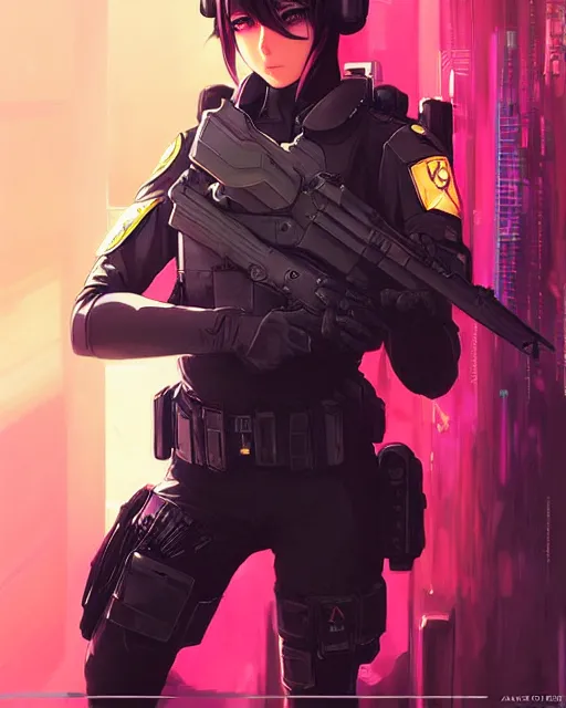 Image similar to anime key visual of a female officer, swat vest, neon, cyberpunk, futuristic, stunning, highly detailed, digital painting, smooth, soft focus, illustration, movie poster, japanese typography, digital art from artstation by artgerm and greg rutkowski and alphonse mucha