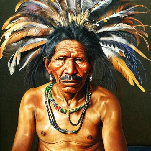 Image similar to high quality high detail painting by lucian freud, hd, full body of a indigenous tribe leader with a lot of feathers, photorealistic lighting