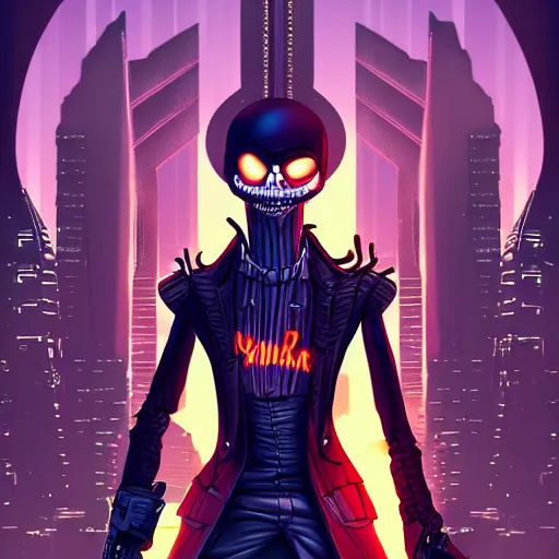 Image similar to cyberpunk jack skellington as the leader of a futuristic communist nation, cybernetics, sharp lines, digital, artstation, colored in