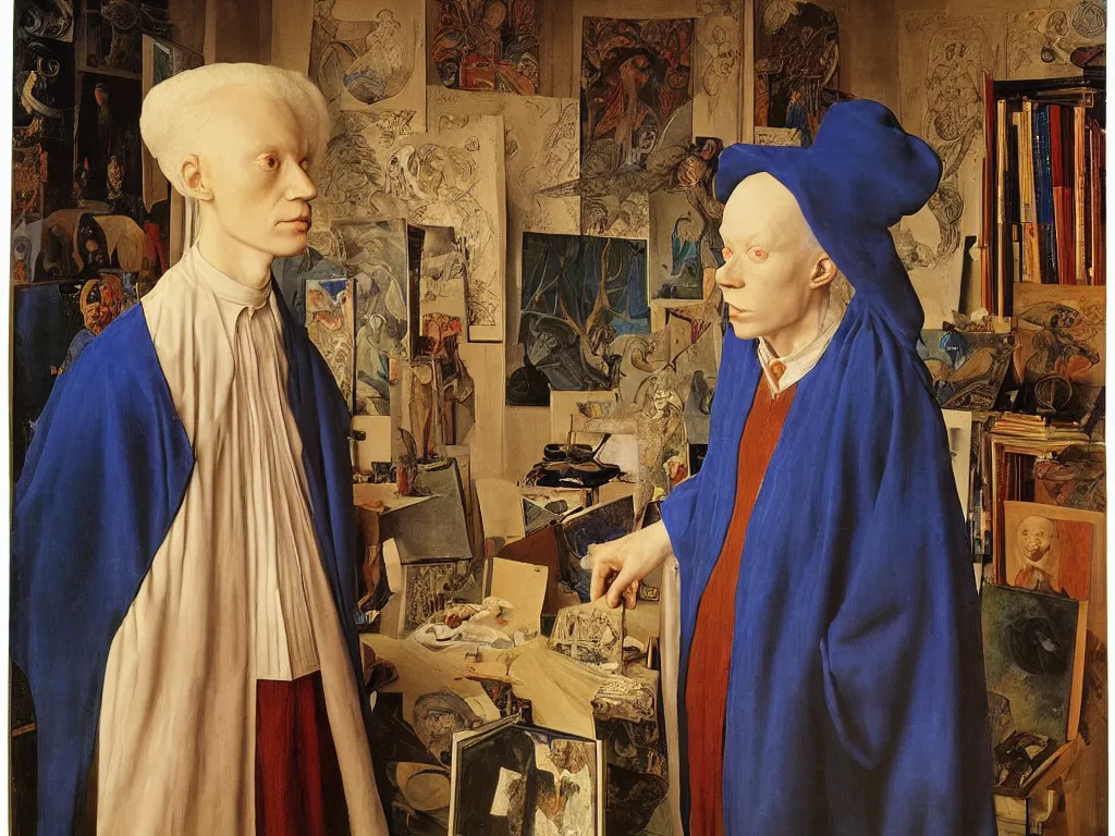 Image similar to Portrait of albino mystic with blue eyes, painting on a canvas in his studio. Painting by Jan van Eyck, Audubon, Rene Magritte, Agnes Pelton, Max Ernst, Walton Ford