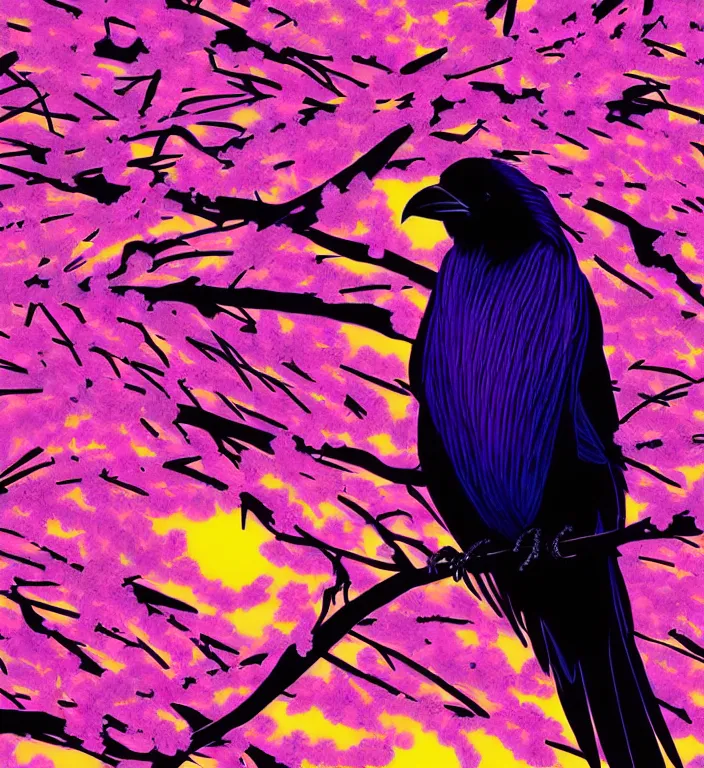 Prompt: colorful illustration of sakura sunset, by hajime sorayama and jake parker, raven bird.