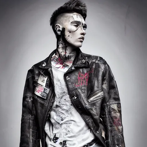 Prompt: an award - winning editorial photo of a male model wearing a distressed baggy cropped leather menswear jacket with graffiti all over, 4 k, studio lighting