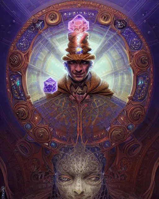 Image similar to front shot of a court jester character, hyperdimensional, bioluminescent hypercubes, ((intricate)), elegant, highly detailed, centered, (((artstation, concept art, smooth, sharp focus, artgerm, Tomasz Alen Kopera, Peter Mohrbacher, donato giancola, Joseph Christian Leyendecker, WLOP, Boris Vallejo))), mugshot!!!!!, ugly!!!!!!, octane render, nvidia raytracing demo, grainy, muted, 8K, digitalblasphemy