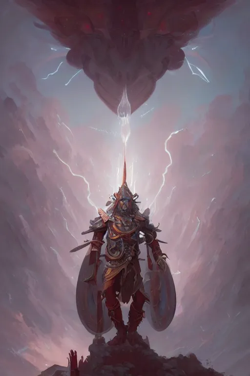 Image similar to high fantasy god of thunder designed by peter mohrbacher, Greg rutkowski, blizzard concept artists, concept art, fantasy, 4k, CG render, octane, insanely detailed,