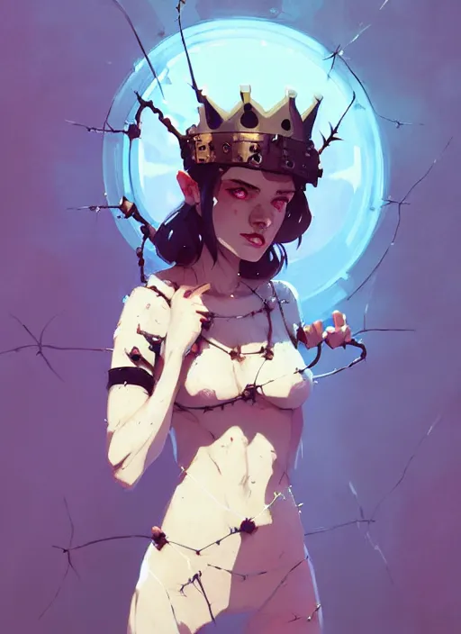 Prompt: portrait of cute gith maiden girl with crown of thorns and white short hairs, warhammer, cyberpunk, by atey ghailan, by greg rutkowski, by greg tocchini, by james gilleard, by joe gb fenton, by kaethe butcher, dynamic lighting, gradient light blue, brown, blonde cream and white color in scheme, grunge aesthetic