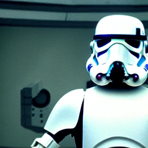 Prompt: mr. bean as a stormtrooper from star wars. movie still. cinematic lighting.