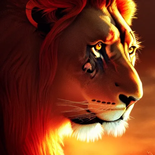 Image similar to Majestic lion, atmospheric lighting, painted, intricate, volumetric lighting, beautiful, rich deep colours masterpiece, golden hour, sharp focus, ultra detailed, by Leesha Hannigan, Ross Tran, Thierry Doizon, Kai Carpenter, Ignacio Fernández Ríos