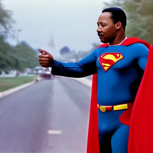 Image similar to UHD color candid photo of Martin Luther King Jr. as Superman, accurate face UHD photorealistic correct face photo by Annie Leibowitz