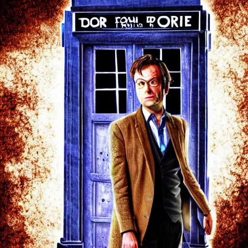 Prompt: The Tenth Doctor stepping out of the Tardis, digital art, high definition, 4k, sharp focus