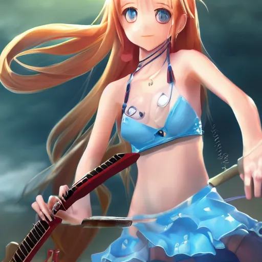Image similar to a very beautiful little yuuki asuna playing guitar, full body, long wavy blond hair, sky blue eyes, full round face,, bikini, miniskirt, front view, mid - shot, highly detailed, cinematic wallpaper by stanley artgerm lau