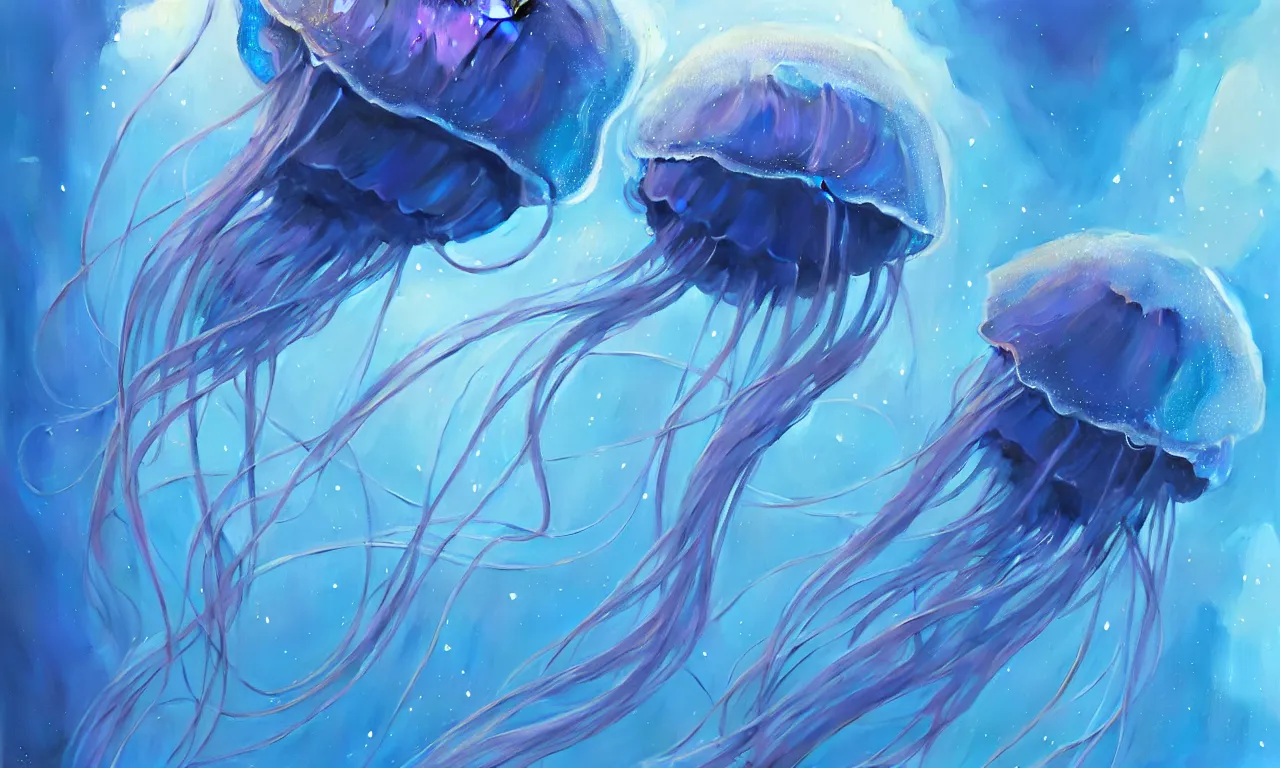 Image similar to detailed jellyfish in space, blue tones, underwater in ocean, full frame, highly detailed, digital painting, artstation, concept art, smooth, sharp focus, illustration, art greg rutkowski and alphonse mucha