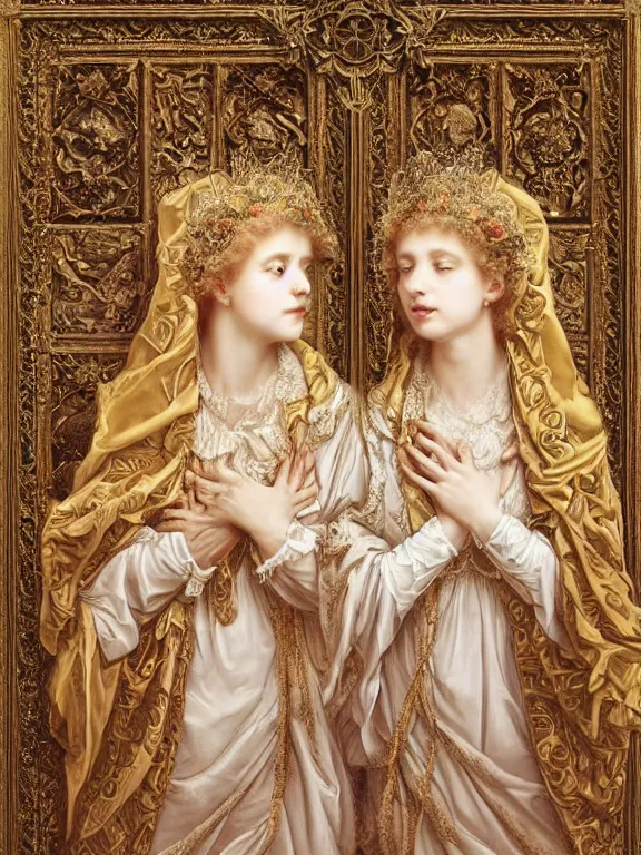 Prompt: a beautiful render of two baroque catholic veiled queen with symmetry intricate detailed heart,relief sculpture,pray,by Lawrence Alma-Tadema, Maria Mirage,peter gric,aaron horkey,Billelis,trending on pinterest,hyperreal,gold,silver,ivory,maximalist,glittering,golden ratio,cinematic lighting