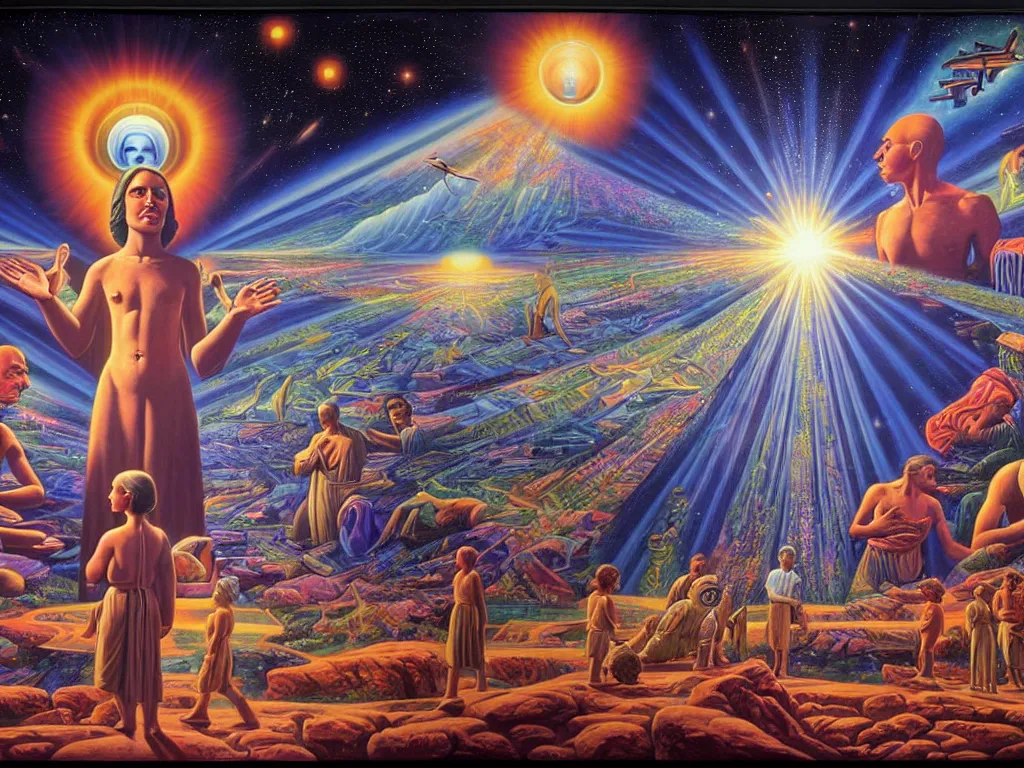 Prompt: a beautiful future for human evolution, spiritual evolution, divinity, enlightenment, utopian, by david a. hardy, wpa, public works mural, socialist