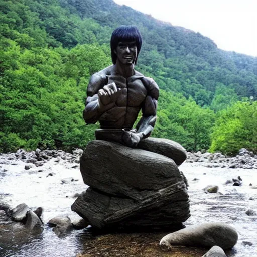 Prompt: A rock sculpture of Bruce Lee hidden in the middle of a mountain stream