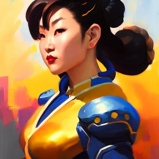 Image similar to Greg Manchess portrait painting of Chun-Li as Overwatch character, medium shot, asymmetrical, profile picture, Organic Painting, sunny day, Matte Painting, bold shapes, hard edges, street art, trending on artstation, by Huang Guangjian and Gil Elvgren and Sachin Teng