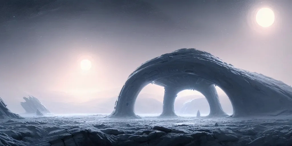 Image similar to strange surface of icy alien planet at dawn, misty, ultra high definition, ultra detailed, symmetry, sci - fi, by greg rutkowski and ross tran