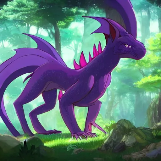 Image similar to concept art painting of an anthropomorphic purple anime furry dragon, in the deep forest, realistic, detailed, cel shaded, in the style of makoto shinkai and greg rutkowski and james gurney