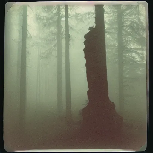 Image similar to a towering statue in a forest clearing reaching into the fog, night, old polaroid, expired film, megalophobia,