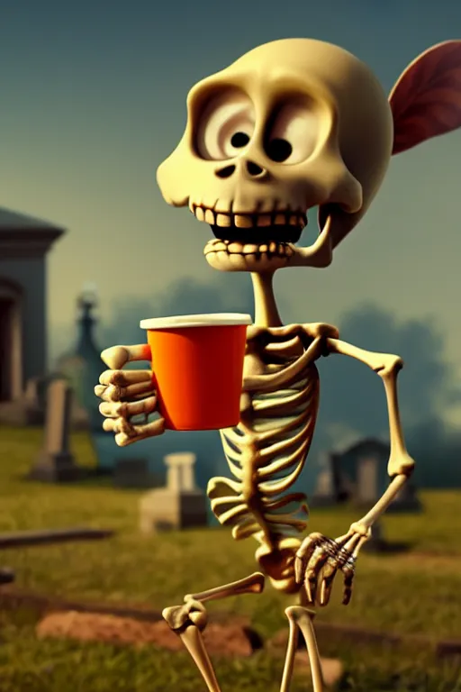Prompt: a funny skeleton character with big eyes holding a cup of coffee on a cemetery at night. pixar disney 4 k 3 d render funny animation movie oscar winning trending on artstation and behance. ratatouille style.