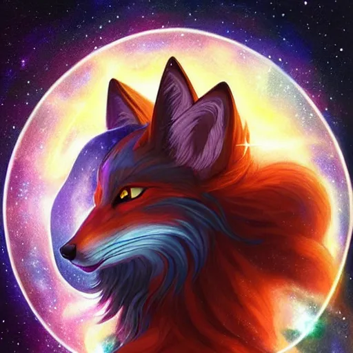 Image similar to a painted avatar portrait of an awesome cosmic powerful humanoid kitsune fox mage themed around life and death and the stars and the cosmos, in the style of dnd beyond avatar portraits, beautiful, artistic, elegant, lens flare, magical, lens flare, nature, realism, stylized, art by jeff easley