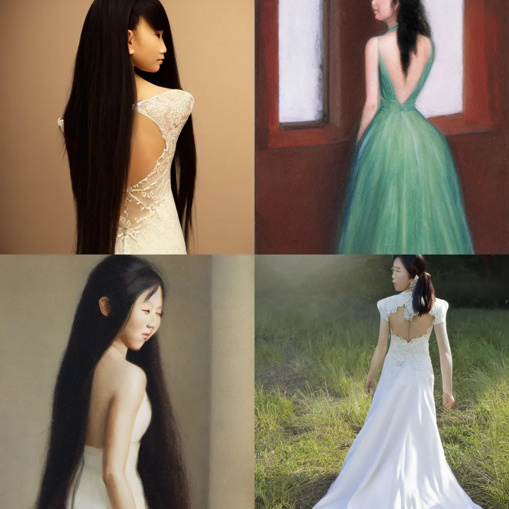 Prompt: asian girl with long hair, back view, wedding dress, by carl moll