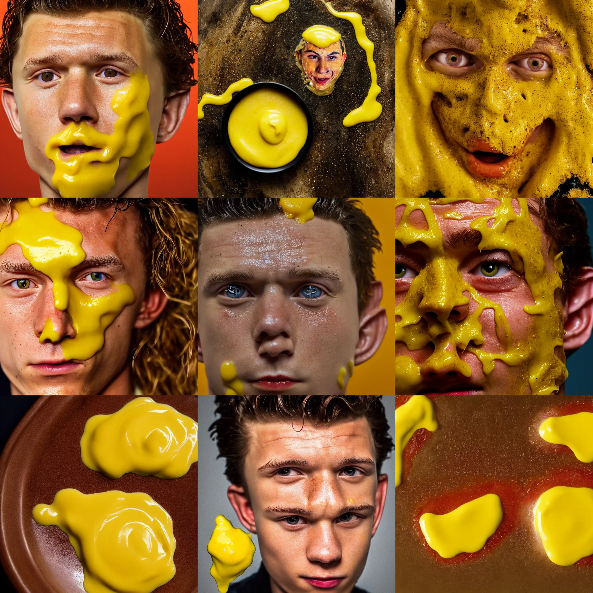 Prompt: tom holland's face made out of hollandaise sauce, tom holland, macro shot, high detail