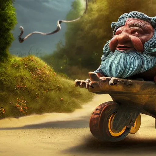 Image similar to ancient gnome riding the dinosaur, photorealistic cinematic scene, very coherent, hyper realism, high detail, vivid colors, octane render, unreal engine, 8k, Smooth gradients, High contrast, depth of field