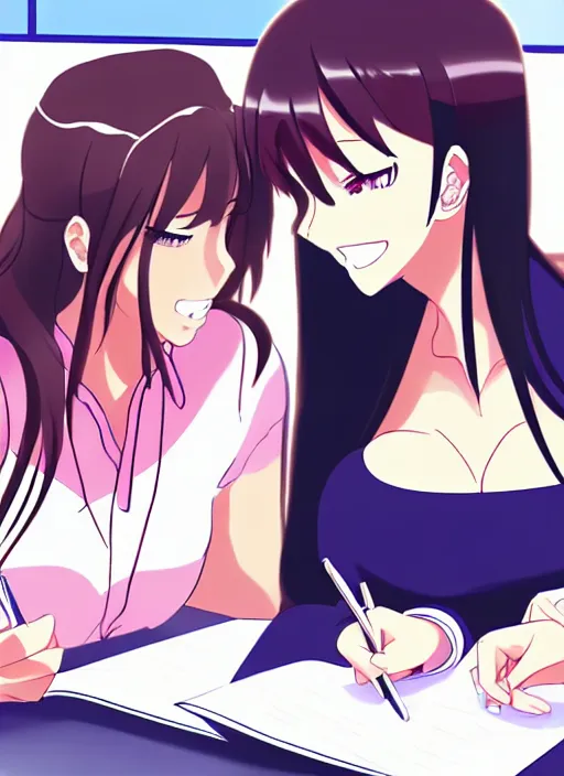 Prompt: two beautiful female teachers making plans at school, gorgeous faces, thick lines, cinematic lighting, detailed anime art