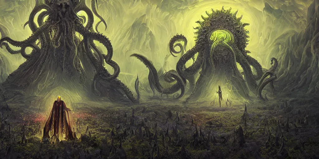 Image similar to portrait of necromancer priest in an invoking ritual in front of a giant cthulhu in a large landscape, intricate, elegant, glowing lights, highly detailed, digital painting, concept art, smooth, sharp focus, illustration, wide - angle portrait, atmospheric lighting, rich deep colors masterpiece, fractal crystals