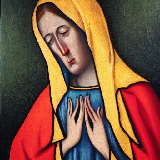 Image similar to original oil painting of our lady of sorrows crying